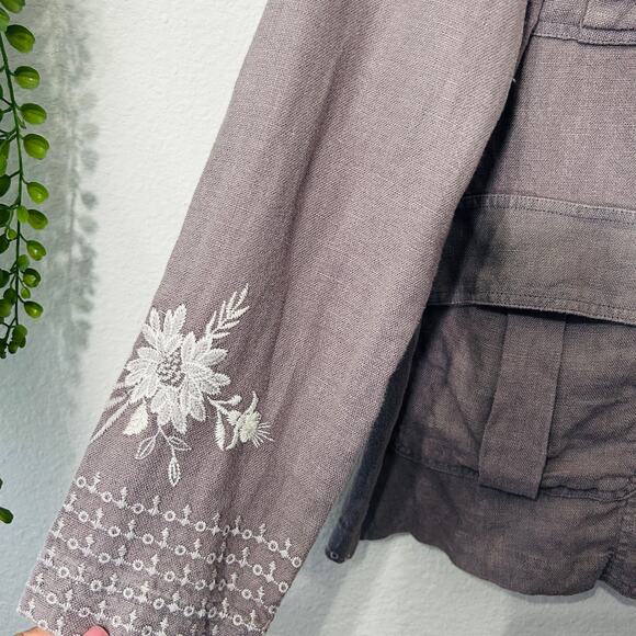 Johnny Was Workshop Oleander Linen Jacket Grey Safari Embroidered Women Medium - Picture 13 of 16
